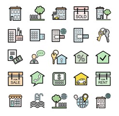 Real estate transactions, icons, set, outline, color. Color images with a black outline. Vector.  