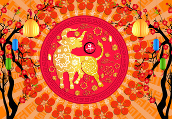 Happy chinese new year 2021 with cherry blossom flower year of the Ox