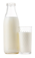 Glass cup and bottle of fresh milk isolated