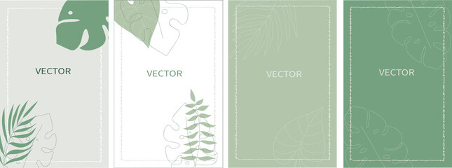 Vector set of backgrounds in minimal style with tropical leaves and space for text. Design for social media stories, invitation, card