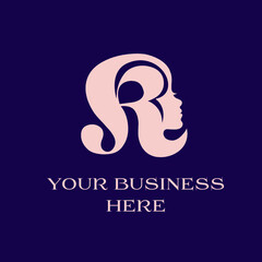 Letter R and woman face silhouette.Beauty and hair salon logo.Cosmetics and spa calligraphic icon.Profile view beautiful female portrait and alphabet initial isolated on dark background.