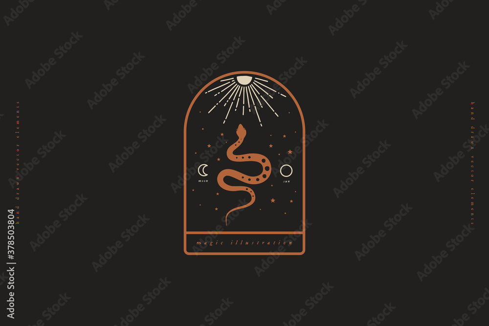 Aufkleber Mystical composition with a wriggling snake on black background. Magical sign of spiritual practices. Occult symbol in a minimalist style for ethnic magic and esoteric rites.