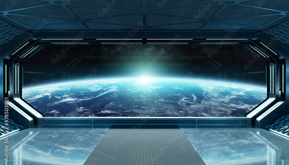 Poster dark blue spaceship futuristic interior with window view on planet earth 3d rendering