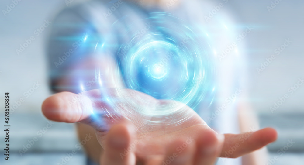 Poster businessman creating new futuristic energy power source 3d rendering