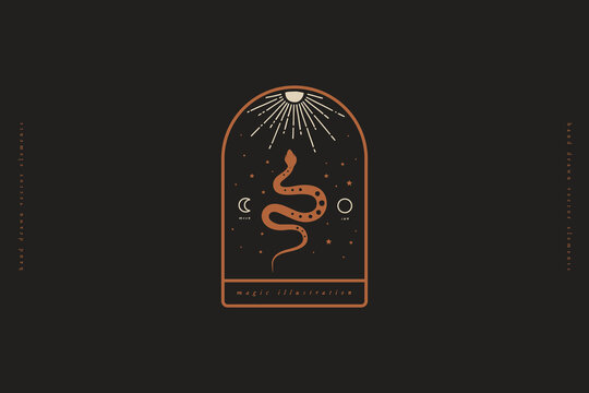 Mystical composition with a wriggling snake on black background. Magical sign of spiritual practices. Occult symbol in a minimalist style for ethnic magic and esoteric rites.