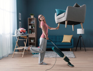 Efficient happy housewife cleaning up her apartment