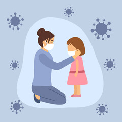 Mother wearing medical face mask on her daughter to prevent Covid19 Coronavirus infection. Health protection concept vector illustration.