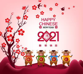 Happy chinese new year 2021 with cherry blossom flower year of the Ox