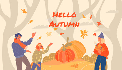 Hello autumn banner template with family choosing pumpkins for Autumn festive dinner. Background for Thanksgiving day or other fall season holidays, flat vector illustration.