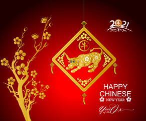 Happy chinese new year 2021 with cherry blossom flower year of the Ox