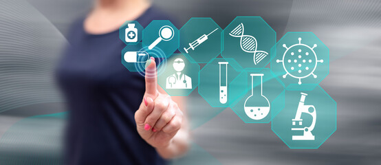 Woman touching a medical research concept
