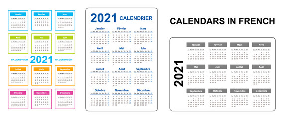 Pocket calendar on 2021 year, French. Set Vertical and horizontal. Week starts from Monday. Vector template calendar for business on black background.