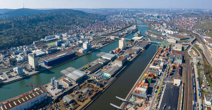 Sunny scenic aerial view Stuttgart cityscape and Rhine River, Baden-Wuerttemberg, Germany
