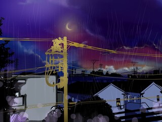 illustration of crescent moon with city landscape in rainy night sky