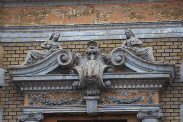 Bas-relief ,relief (sculpture)  from Satu Mare to old buildings in the city center Romania, January, 2020