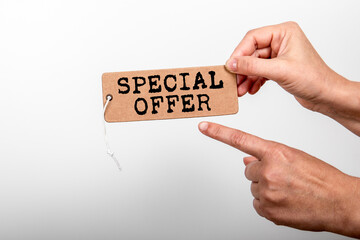 SPECIAL OFFER. Online sales, bargain and delivery terms concept. Cardboard price tag with string