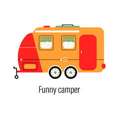 Colorful camper. Entertainment car. Mobile home for out-of-town recreation and outdoor recreation. Vector illustration on isolated background