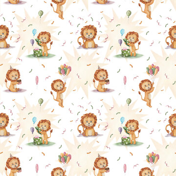Seamless pattern with Atmosphere of Birthday Party with cute baby Lion on white background. Watercolor print can be used for textile, wallpaper, wrapping paper, scrapbooking, posters. Digital paper.