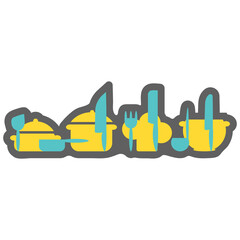 Cooking border, sticker . Cutlery, Kitchen utensils. Blue and yellow. Vector illustration