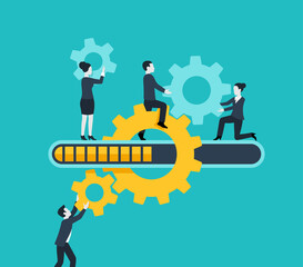 Work in progress - project management concept - small people with gear box mechanism and loading indicator scale - creative vector concept