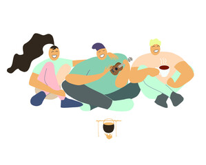 friends sing songs by the fire with a ukulele, a pot with food on the fire