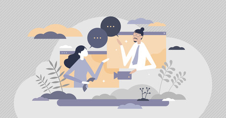 Video call conversation using online webcam computer tiny persons concept