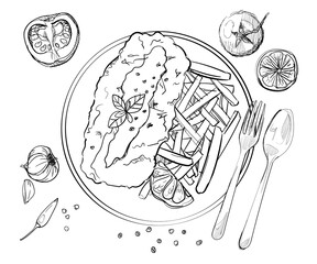 Fish and chip lemon on plate english dish original culinary hand drawn sketches white isolation background