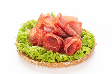 Sandwich with salami sausage on white background.
