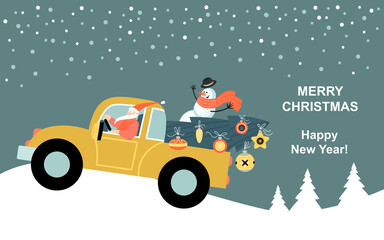 Merry christmas and happy new year greeting banner with funny santa claus driving a car and carrying a christmas tree and a snowman in the back