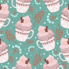 Winter seamless pattern with cups or mugs with cream and cinnamon sticks, berries. Vector illustration for wrapping, textile, wallpaper.