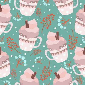 Winter seamless pattern with cups or mugs with cream and cinnamon sticks, berries. Vector illustration for wrapping, textile, wallpaper.