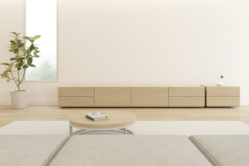 3D render of modern living room with TV cabinet and sofa on empty wall.	
