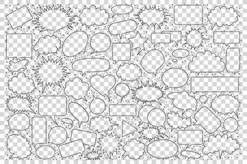 Speech bubble doodle set. Collection of hand drawn sketches templates pattern of cloud form object demonstration communication dialog on transparent background. Cartoon symbol illustration.
