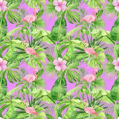 Foto op Plexiglas Watercolor illustration seamless pattern of tropical leaves and pink flamingo. Perfect as background texture, wrapping paper, textile or wallpaper design. Hand drawn © NataliaArkusha