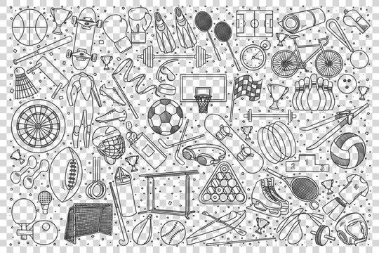 Sport doodle set. Colection of hand drawn sketches templates patterns of football tennis basketball games prizes trophy on transparent background. Active recreation and healthy lifestyle illustration.