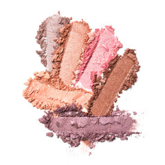 .Close-up of make-up swatches. Smears mix of crushed beige, pink, purple and brown eye shadow