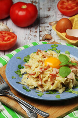 A plate with traditional pasta carbonara	