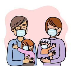 Family wearing medical mask. Hygiene mask. Virus protection.