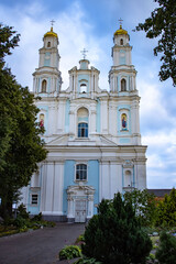 Fototapeta na wymiar Blue Orthodox Cathedral in Belarus in the city of Glubokoe. Cathedral of the Nativity of the Virgin.