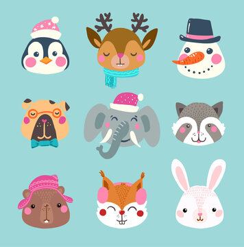 Set of winter cute animal and snowman faces. Suitable for holiday cards for Christmas, happy new year avatars, party decorations, stickers, decals, t-shirt prints, sweater designs. Vector illustration