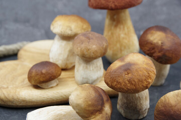 Boletus mushrooms on a wooden tray. Boletus edulis. Closeup