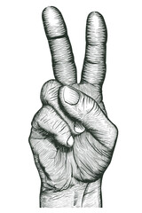 Black and white drawing. A hand with two fingers raised.