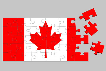 A jigsaw puzzle with a print of the flag of Canada, some pieces of the puzzle are scattered or disconnected. Isolated background. 3d illustration