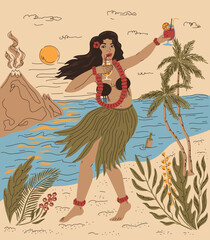 Beautiful hawaiian girl dancing hula dance on the background of the hawaiian landscape - obrazy, fototapety, plakaty