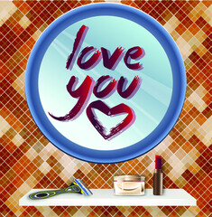 Vector Valentine's day card with  lettering "Love You" written in lipstick on the bathroom mirror on the background of the tile