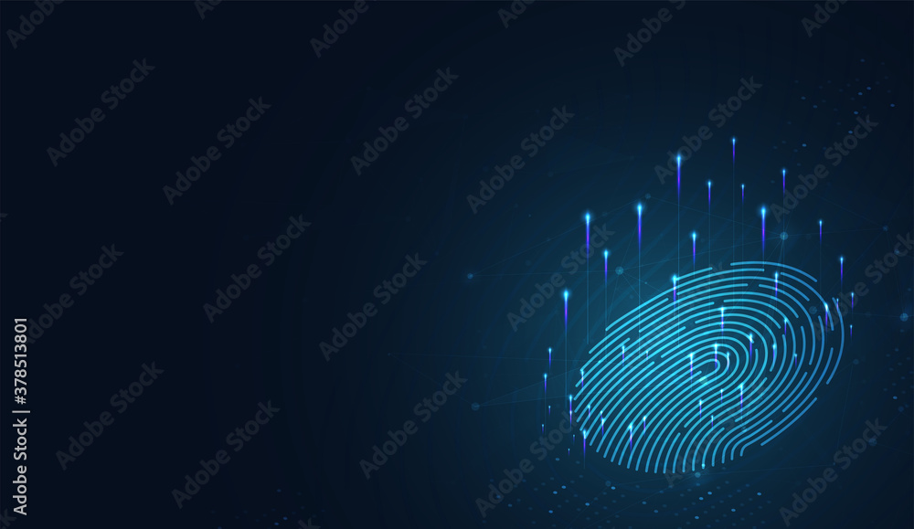 Poster laser scanning of fingerprint of digital biometric security technology. low poly wire outline geomet