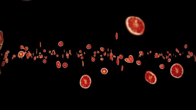 Flying many dried oranges on black background. Dehydrated fruits, Food concept. 3D animation of sliced fruits oranges rotating. Loop animation.