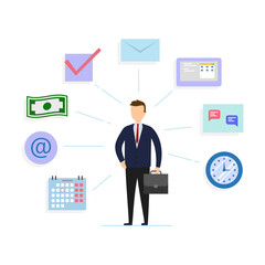 Office Management, Human Resources, Business Concept. Cartoon Businessman In The Middle Surrounded By E-mail, Money, Message, Calendar And Other Office Stuff Icons. Flat Style Vector Illustration