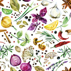 seamless pattern with herbs and spices. watercolor botanical illustration background