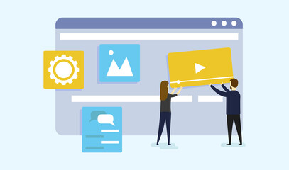 Website Construction, Digital Creative Industry, Web Design And Development Concept. Site Under Construction. Man And Woman Put Video Icon On Web Page On The Screen. Flat Style Vector Illustration